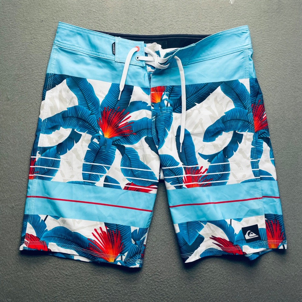 Quiksilver Men Board Shorts Recycled Polyester Blue Tropical Floral Size 32 Surf